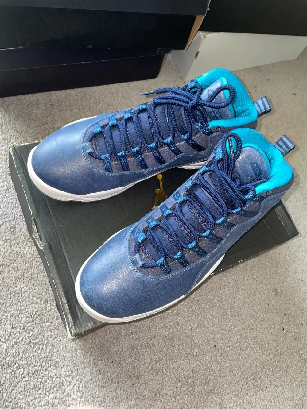 Jordan Navy Blue and Teal High-Top Basketball Sneakers